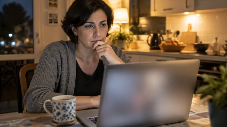 בעלת אתר מודאגת בודקת במחשב הנייד את ירידת התנועה לבלוג שלה
