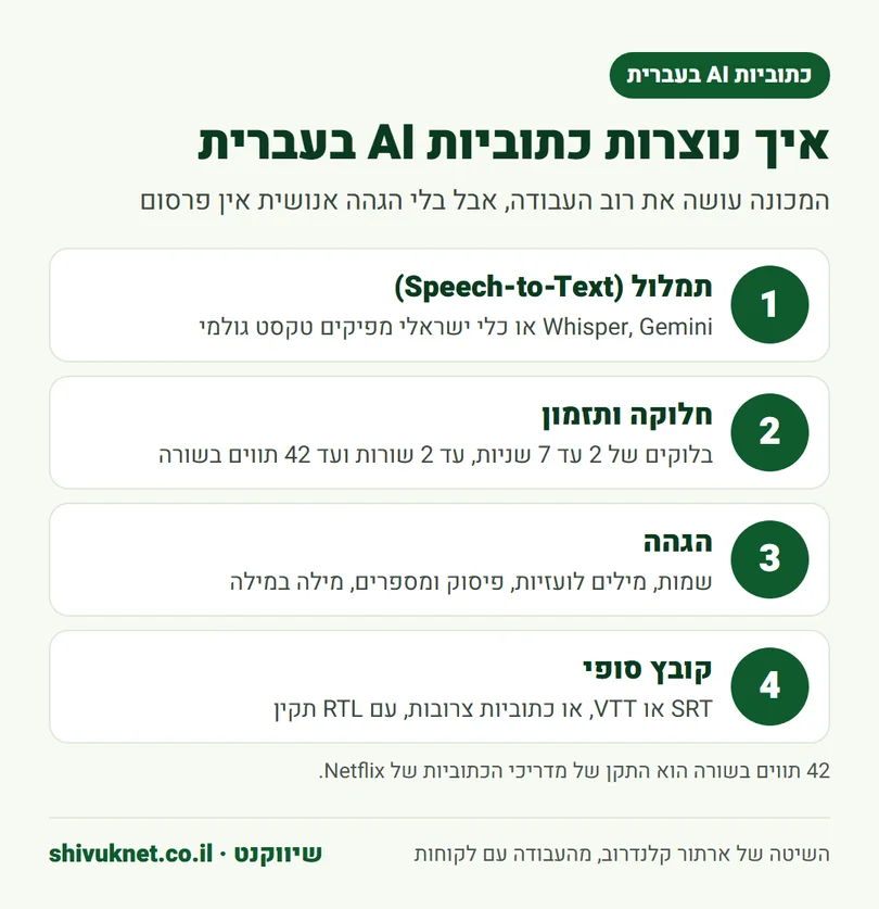 ארבעת השלבים של יצירת כתוביות AI בעברית, מתמלול ועד קובץ SRT