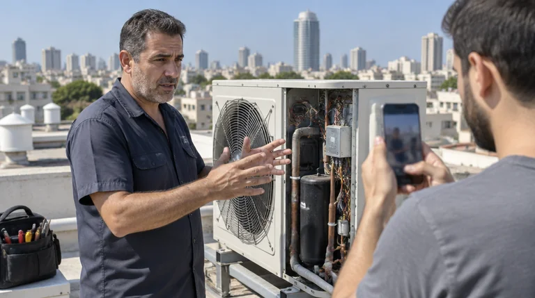 טכנאי מזגנים מסביר ליד מזגן פתוח ועמית מצלם אותו בטלפון