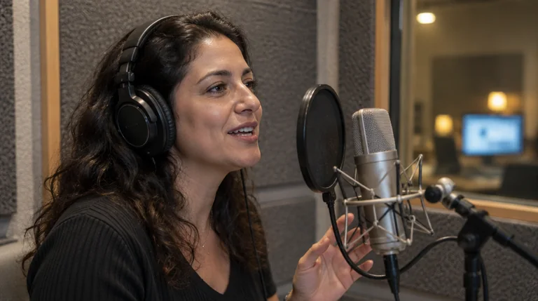 קריינית עם אוזניות מקליטה מול מיקרופון בתא הקלטה מקצועי