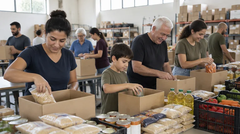 מתנדבים אורזים ארגזי מזון על שולחנות ארוכים במרכז קהילתי של עמותה