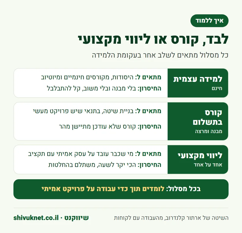 השוואה בין למידה עצמית קורס בתשלום וליווי מקצועי בשיווק דיגיטלי