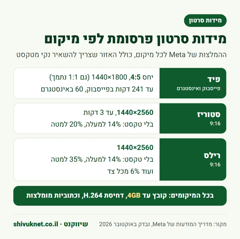 מידות ויחסי מסך לסרטון פרסומת בפיד, בסטוריז וברילס לפי Meta