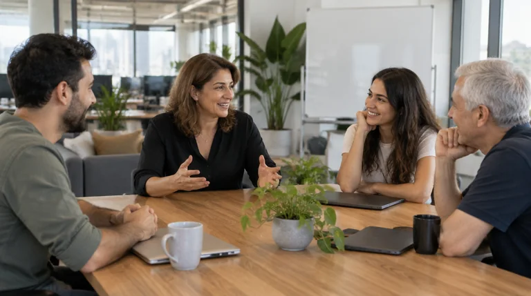 מנהלת משאבי אנוש משוחחת עם שלושה עובדים סביב שולחן במשרד