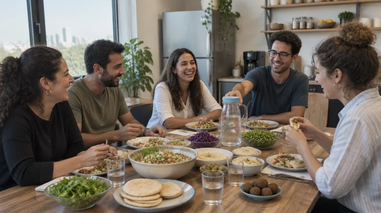 עובדים אוכלים ארוחת צהריים יחד במטבח המשרד ומשוחחים