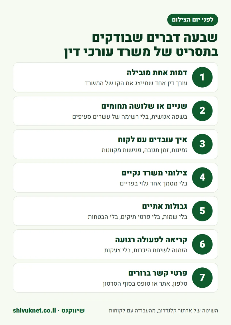 שבעה רכיבים שבודקים בתסריט של סרטון למשרד עורכי דין