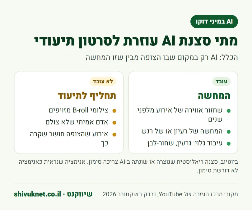 השוואה בין שימוש מועיל בסצנות AI במיני דוקו לבין שימוש שפוגע באמינות