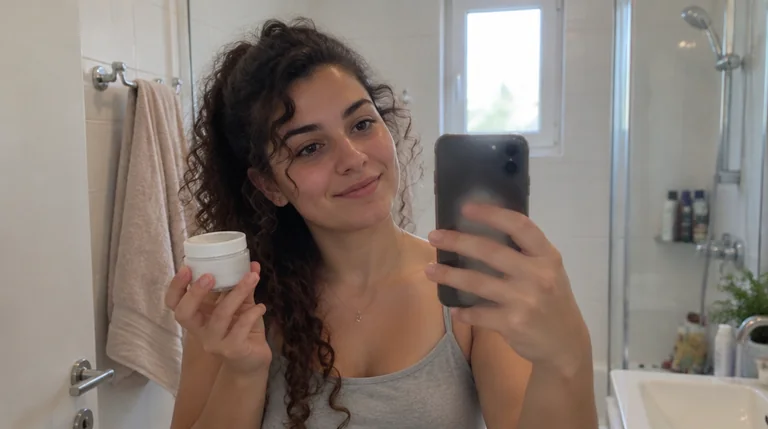 צעירה מצלמת את עצמה בטלפון בחדר אמבטיה ביתי ומחזיקה צנצנת קרם פנים