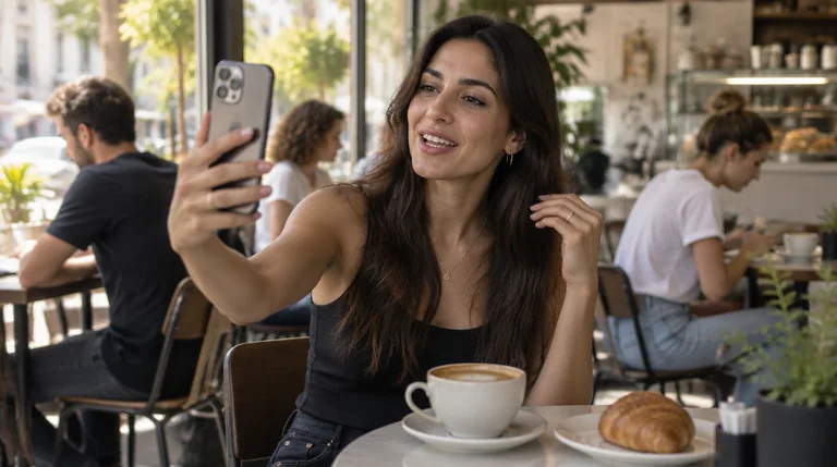 אינפלואנסרית מצלמת את עצמה בטלפון בבית קפה תל אביבי ליד כוס קפה