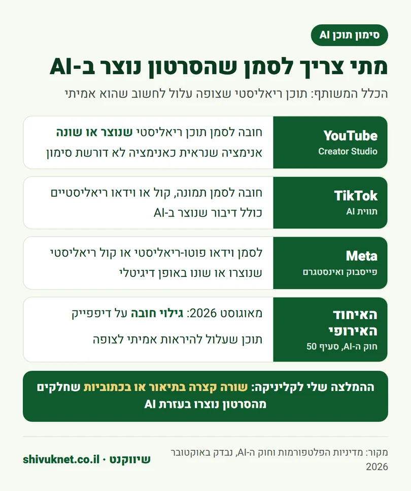 השוואה בין כללי הסימון של תוכן AI ביוטיוב, בטיקטוק, במטא ובאיחוד האירופי