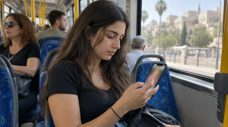 צעירה באוטובוס גוללת סרטונים קצרים בטלפון