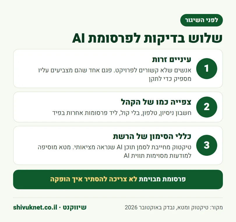 שלוש בדיקות לפרסומת AI לפני שמעלים אותה לקמפיין