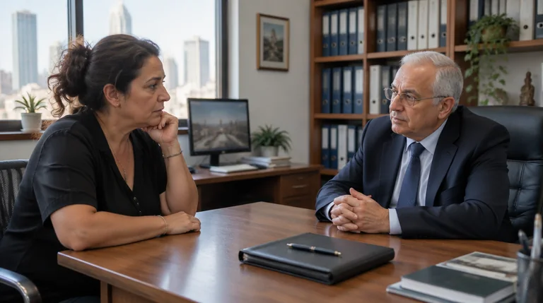 בעלת עסק בפגישת ייעוץ עם עורך דין במשרד