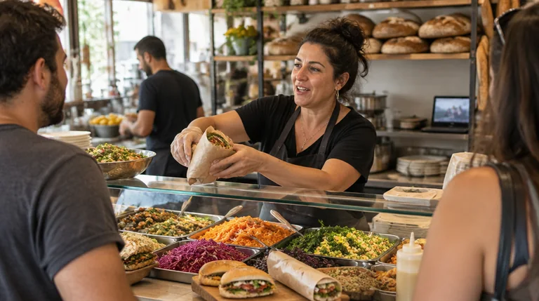בעלת מעדנייה מגישה ללקוחות בשעת עומס של צהריים מאחורי הדלפק