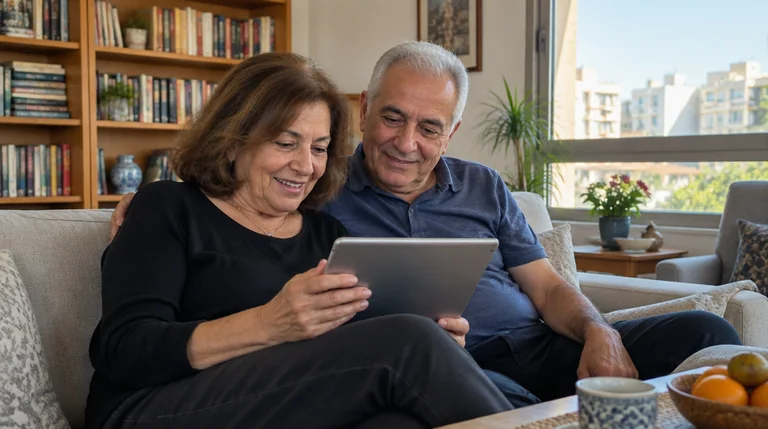 זוג מבוגר צופה יחד בסרטון בטאבלט על ספה בסלון