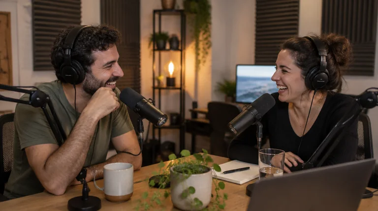 שני מגישים מקליטים פרק פודקאסט באולפן ביתי קטן עם מיקרופונים