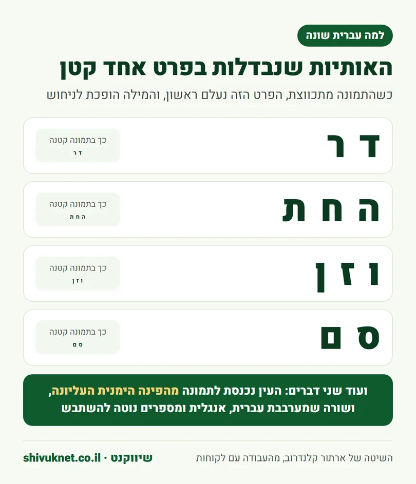 אותיות עבריות דומות, כמו דל״ת ורי״ש, בגודל מלא ובגודל של תמונה קטנה