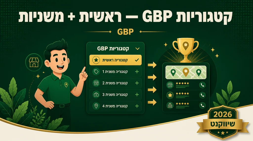 מסך בחירת קטגוריות Google Business Profile עם קטגוריה ראשית ומשניות