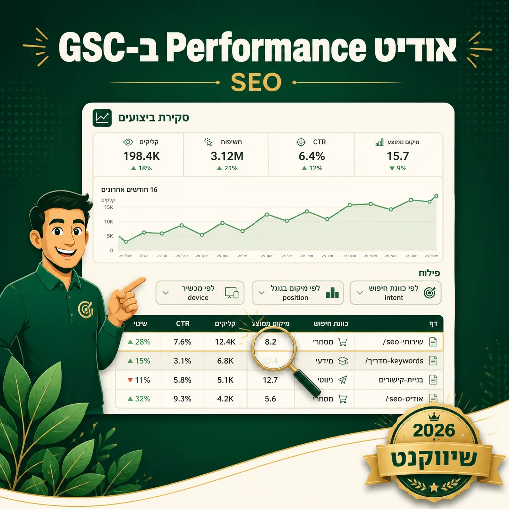 מסך GSC Performance עם סגמנטציה ידנית לפי position ו-CTR