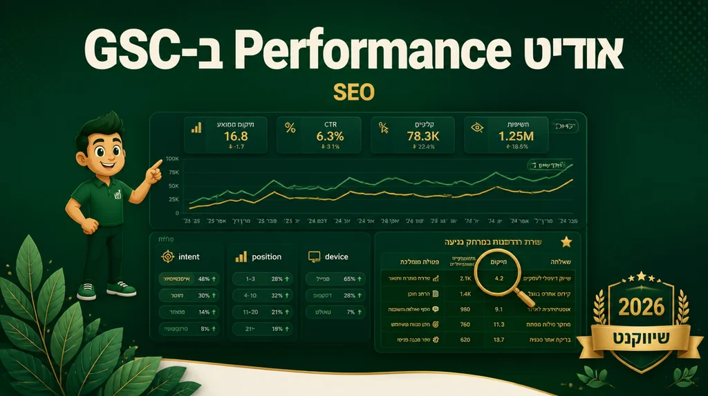 מסך GSC Performance עם סגמנטציה ידנית לפי position ו-CTR