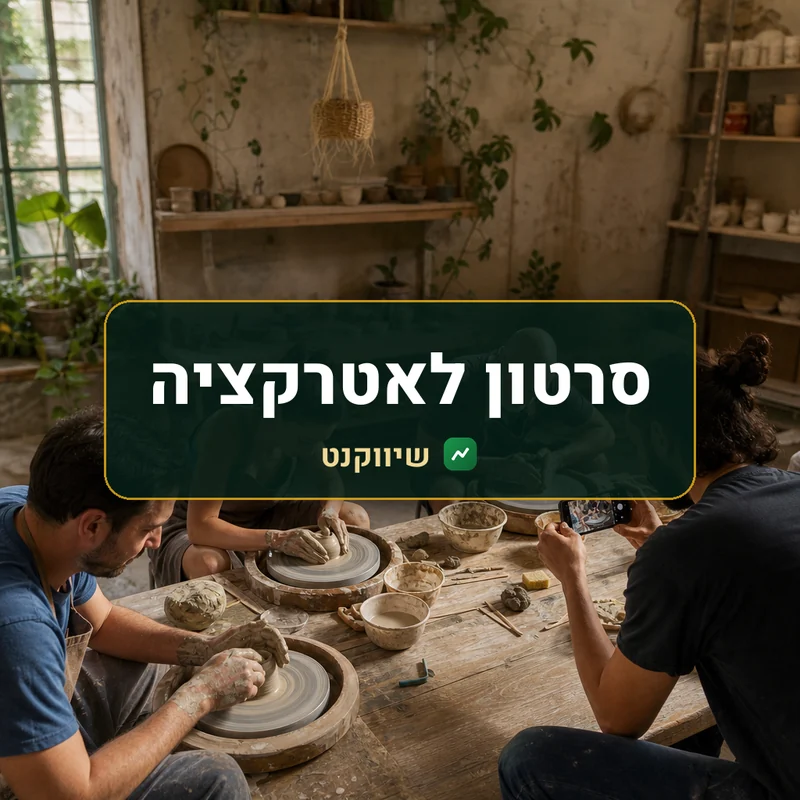 סרטון לאטרקציה: מבקרים בסדנת קדרות עובדים על אובניים, והמדריך מצלם בטלפון את ידיהם