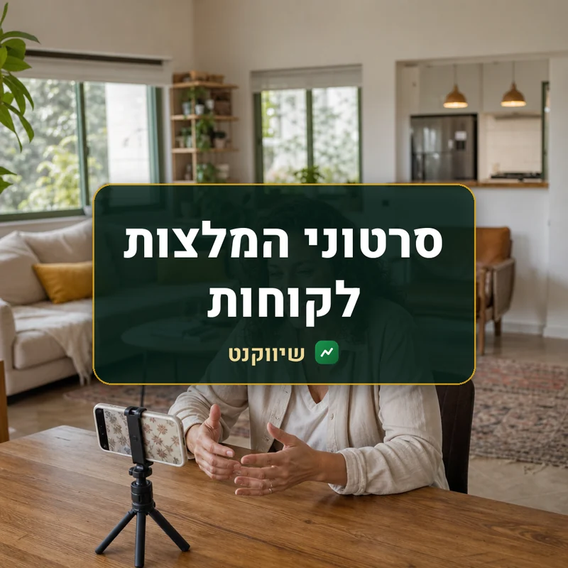 סרטוני המלצות לקוחות: לקוחה מחייכת בסלון מואר מדברת אל טלפון נייד שעומד על חצובה
