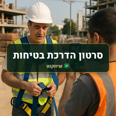סרטון הדרכת בטיחות: ממונה בטיחות בקסדה ואפוד זוהר מדגים חגירת רתמה, ועמית מצלם בטלפון