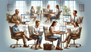 The image depicts business owners in different settings, each with a laptop or PC displaying their website. You can see each individual situated in unique environments such as an office room, a coffee shop, or at home, all engaged with their devices. Their screens show simplified representations of websites. These individuals are connected through dotted lines or subtle arrows between their screens, symbolizing the links between their websites. This illustration portrays a diverse range of business owners, all interconnected through the web, in a straightforward and relatable manner. It provides a more realistic and simplified view of how websites are linked, emphasizing the connections between different businesses online. 