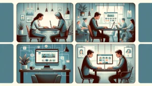 The series of illustrations depict individual business owners, each in a unique environment with their laptop or PC, displaying their website. One is in a modern office, another in a cozy coffee shop, and another working from home, emphasizing they are in different locations. The screens of their devices show a simplified website interface. Subtle lines or arrows between these separate illustrations indicate virtual connections, symbolizing website links. These images highlight the diversity of business environments and how each individual is part of a broader online network, despite being in separate physical locations. The design effectively communicates the concept of interconnectedness in the digital world.