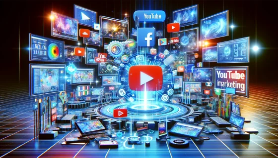 DALL·E 2024-03-18 23.22.50 - A dynamic portrayal of video marketing strategies, including platforms like YouTube, Facebook, and Google, representing the power of video in digital