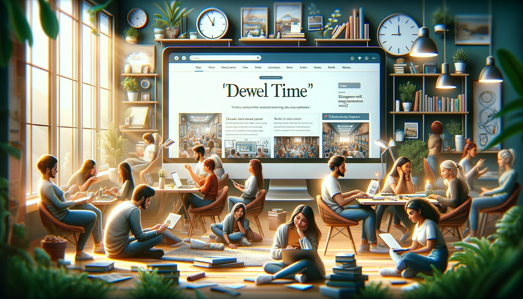 התמונה לוכדת בצורה חיה את המושג 'זמן שהייה' באתר אינטרנט. הוא כולל קבוצה מגוונת של אנשים העוסקים בפעילויות מקוונות שונות, כמו קריאת מאמרים וצפייה בסרטונים. התפאורה נוחה ומזמינה, שמה דגש על חווית משתמש מהנה. תיאור זה משדר בצורה נאותה מבקרים המבלים זמן איכות באתר, ומשפר את הנושא של הפוסט בבלוג שלכם.