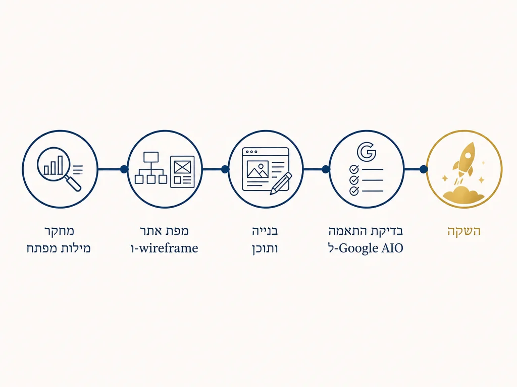 תרשים תהליך: מחקר מילות מפתח, סטוריבורד, בנייה ותוכן, בדיקת AIO, השקה
