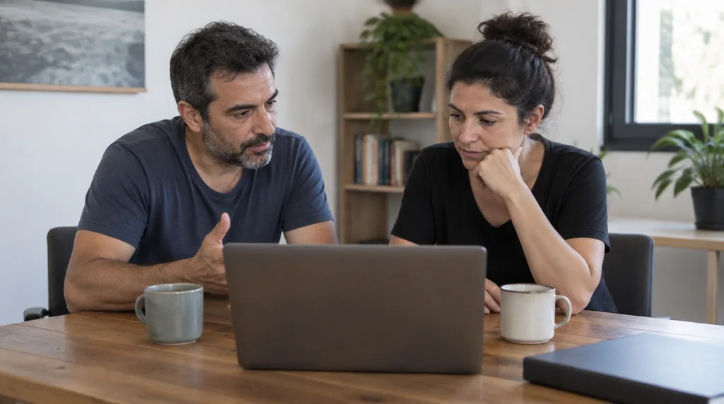 שני שותפים בעסק קטן יושבים ליד שולחן ומתלבטים על תקציב השיווק החודשי