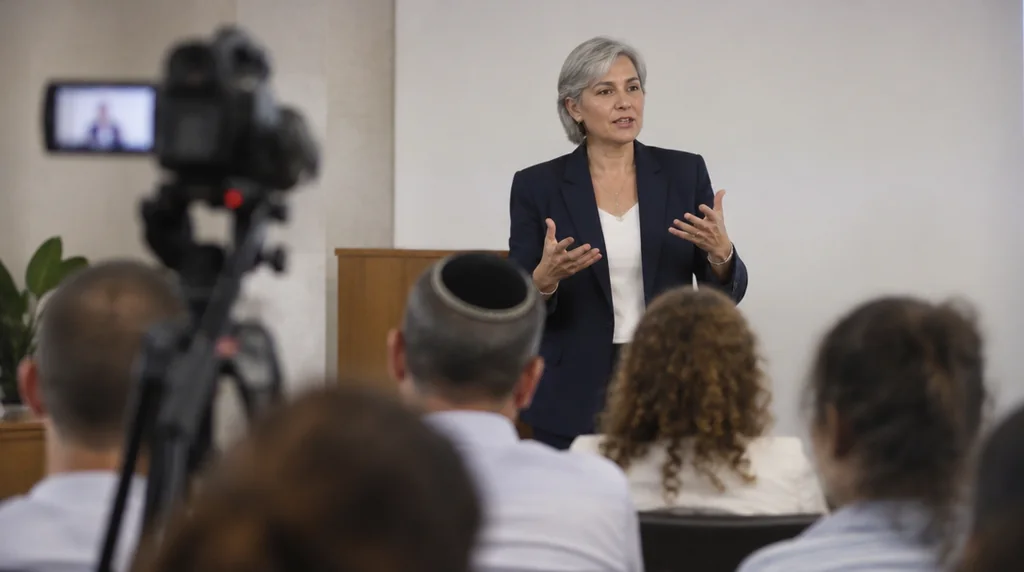 מרצה מדברת בכנס עסקי קטן ומצלמה על חצובה מצלמת אותה מקדימה