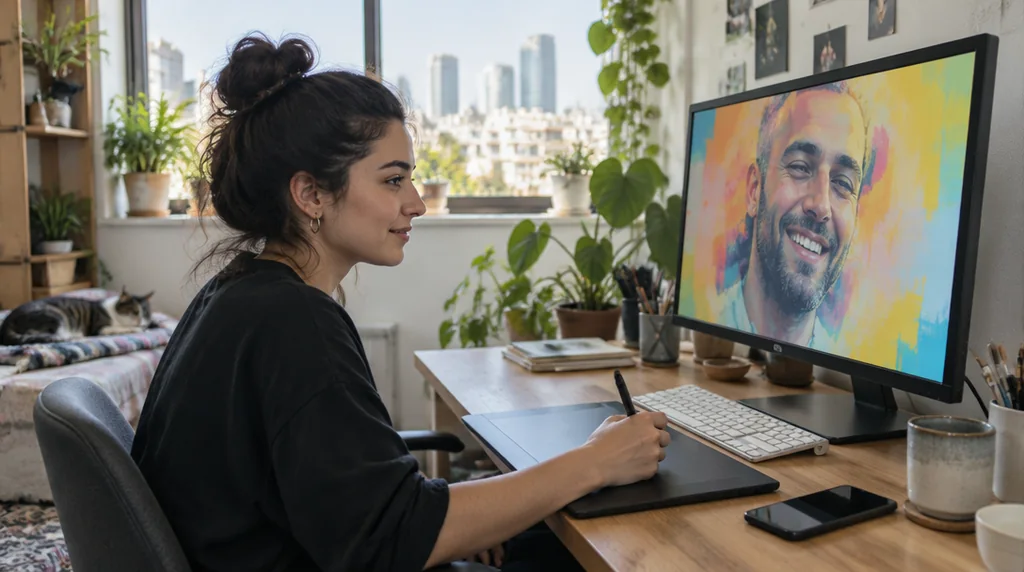 מעצבת גרפית עובדת על תמונת כיסוי צבעונית מול מסך גדול בסטודיו