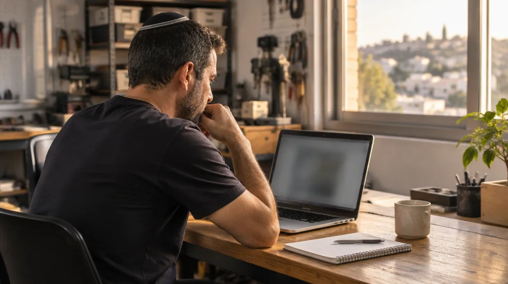 בעל עסק קטן יושב מול מחשב נייד ובודק את נתוני ערוץ היוטיוב שלו